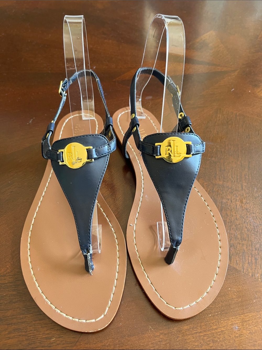 Ralph Lauren Black Leather T-Strap Sandals with Gold Medallion